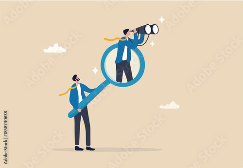 Search and discovery career opportunity, search for new job, find resource or job vacancy, support or career development advice, finding solution, businessman with magnifying glass help search job.