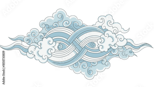 Horizontal Blue and White Stylized Chinese Cloud and Wave Pattern on Isolated White Background