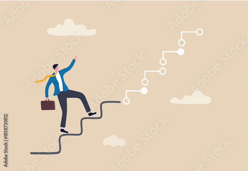 Digital transformation, company use technology and innovation to optimize workflow and change future concept, businessman corporate leader climbing up analog stair to transform into digital step.