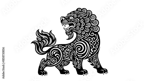 Black and White Chinese Foo Dog Guardian Lion Illustration on Isolated White Background