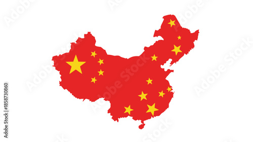 Red Map of China with Yellow Stars Representing Flag, Geographic Outline of Chinese Territory on Isolated White Background.