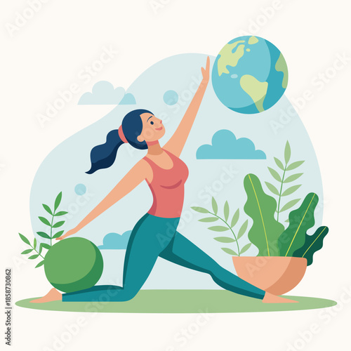 Woman in yoga pose with yoga ball and planet Earth Keywords: woman, yoga, exercise, fitness, health, wellness, earth, planet, globe, green ball, yoga ball, stretching, pose, warrior, lunge, active