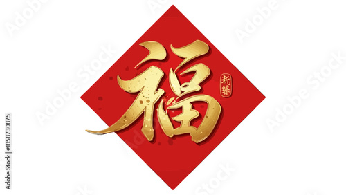 Golden Chinese Character "Fu" for Fortune and Good Luck on Red Diamond Shape, Traditional Auspicious Symbol, Isolated White Background.