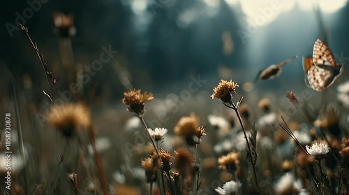 Cinematic Close-up of Butterflies on Dried Field Plants in Soft Light