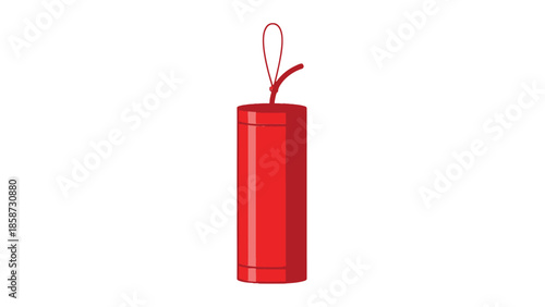 Single Red Chinese Firecracker with Fuse, Simple Festive Element on Isolated White Background.