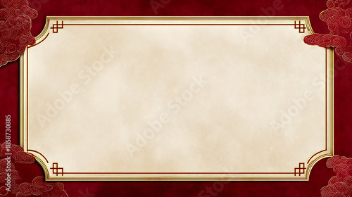 Luxury chinese background festive oriental background elegant red border ornate gold frame blank cream space classic scroll design joyful celebration banner invitation card