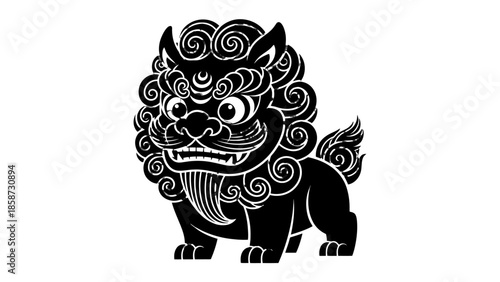 Intricate Black and White Chinese Guardian Lion Head Illustration, Traditional Foo Dog Mythological Creature Closeup on Isolated White Background.