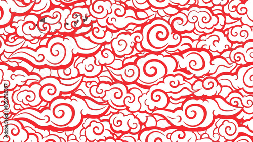Seamless Pattern of Traditional Red Swirling Chinese Auspicious Clouds, Oriental Decorative Background Design Element.