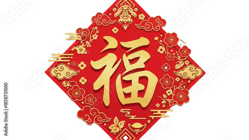 Ornate Gold Chinese Fu Character on Red Decorative Background with Traditional Patterns, Lunar New Year Symbol, isolated white background.