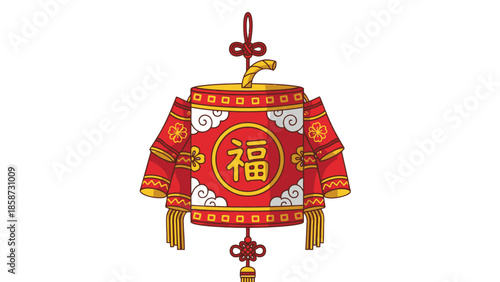 Hand-Drawn Traditional Chinese Lantern with Fu Character and Tassels, Festive Decoration, isolated white background.
