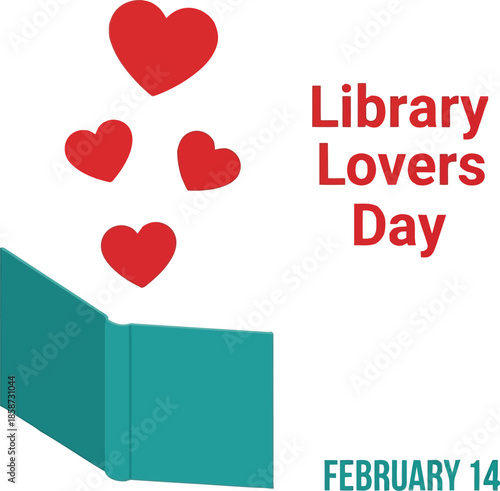 Library lovers day february 14. open book and hearts celebrating love for reading.