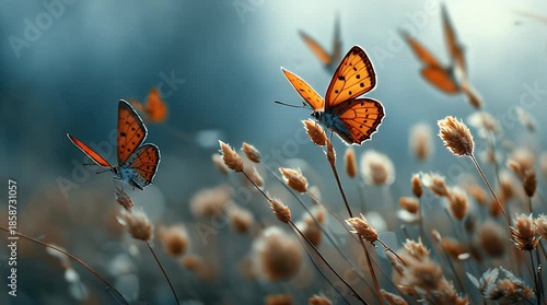 Cinematic Close-up of Butterflies on Dried Field Plants in Soft Light