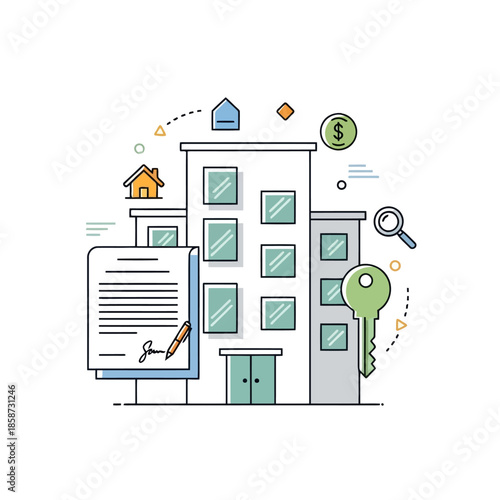 Real estate contract and key illustration