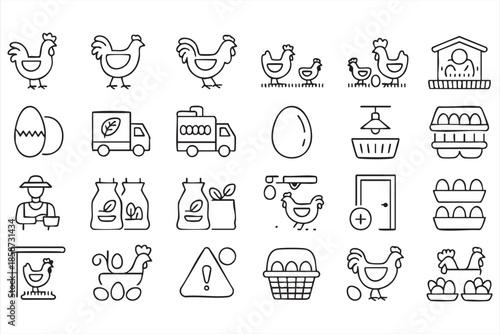 Egg Production and Chicken Farm Icons for Agricultural Graphics