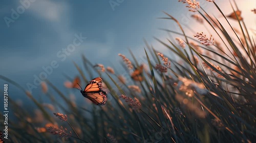 Cinematic Close-up of Butterflies on Dried Field Plants in Soft Light