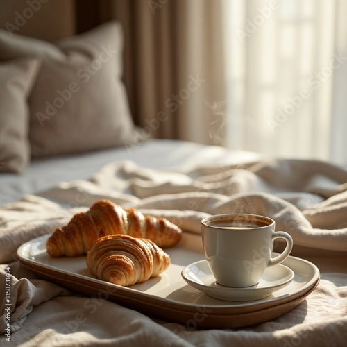 Breakfast with croissants and coffee on bed in morning light