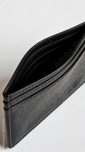 Empty black wallet close-up on white background