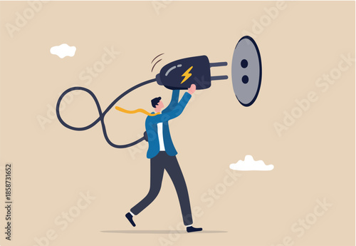 Recharge yourself, refresh or recover after tried, exhausted or burn out, charge full energy or supply motivation concept, exhausted overworked businessman plug electric to recharge energy. 