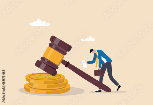Penalty fine to pay for prohibited legal, charge and expense punishment notice, traffic charge bill concept, sad man holding fine notice with law gavel on top of money coins stack.