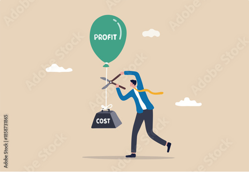 Cost reduction, cut expense to increase profit, improve business profitability by reduce spending, decrease investment fees, businessman using scissors to cut heavy cost burden and let profit run. 