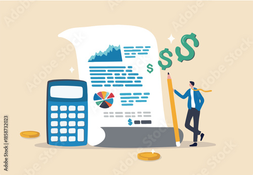 Financial statement, money expense profit and loss report, tax audit chart and graph, calculate budget, financial research or banking document concept, business man with financial statement document.