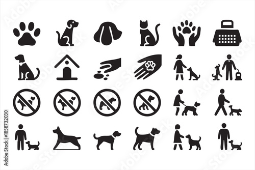 Dog and Pet Care Icons for Walking Rules, Public Signs, Animal Services