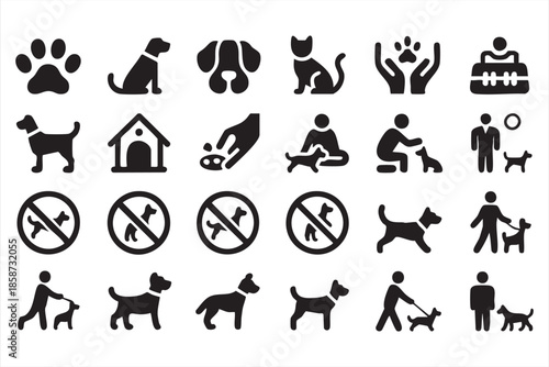 Pet Walking and Control Icons Illustration for City Signage, Community Rules