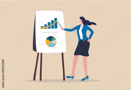 Financial data analysis report, statistic or economic research concept, businesswoman presenting graph and chart on board in the meeting.