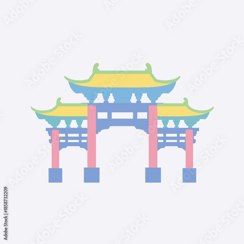 Colorful traditional Chinese gate illustration with architectural details and bright decorative tones