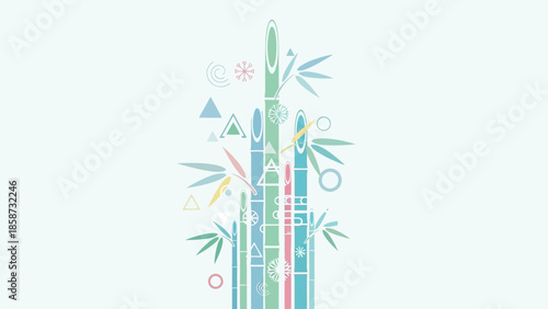 Minimal pastel illustration of green bamboo plants growing with simple leaves on a soft decorative background