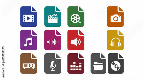 Vector icons Collection of colorful digital file icons representing various media types. Vector Illustration. EPS Editable