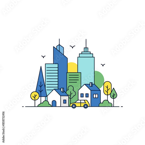 Modern cityscape with suburban homes