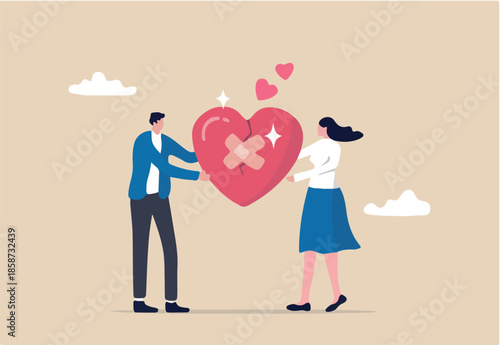 Forgiveness to keep relationship last long, togetherness or love couple concept, happy man and woman, husband and wife with bandage on broken heart shape as forgiveness symbol