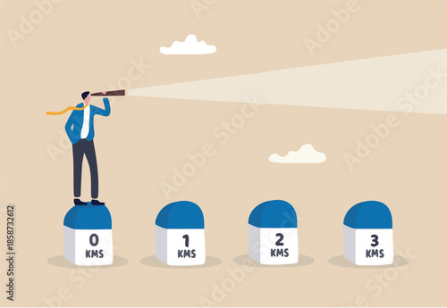 Start new journey, visionary for career development or project milestones, challenge or visionary, begin new job or journey to success concept, businessman look through telescope to see work journey.