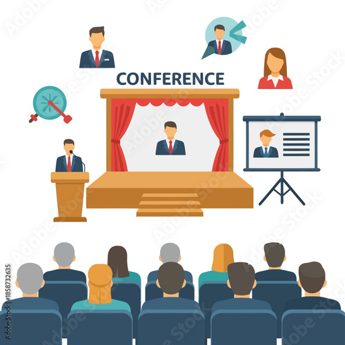 Illustrated conference presentation scene