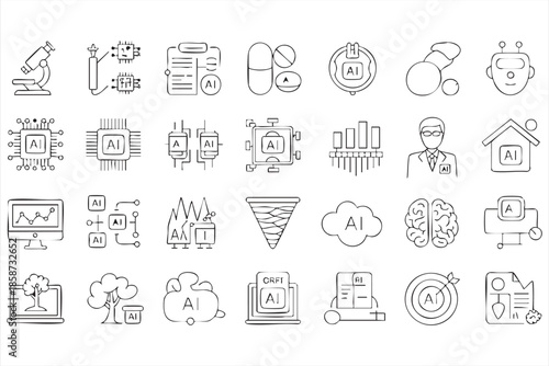 AI Technology Line Icons for Analytics Dashboards, Enterprise Systems, Digital Products
