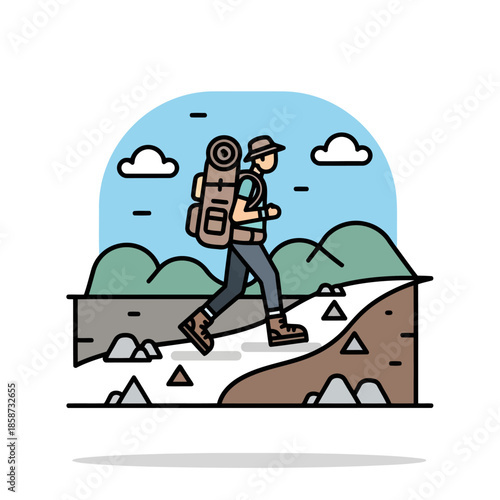 Hiker climbing mountain with backpack