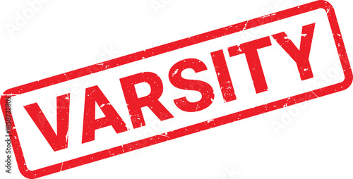 Distressed Red Varsity Stamp on White Background Grunge Style, Textured Look, Bold Typography