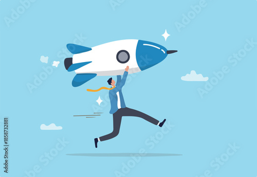 Solopreneur solo entrepreneur, working alone or startup business owner, founder or entrepreneurship, independent developer, freelancer concept, businessman entrepreneur launching company rocket alone.