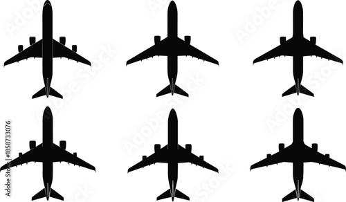 Airplane top view silhouette icon set featuring commercial jet aircraft for aviation, travel, and transportation design