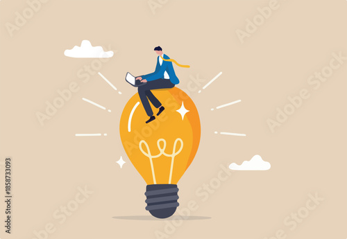 Entrepreneur solution, creative idea to solve work problem, success discover new innovation concept, smart businessman working with computer laptop on bright light bulb idea.