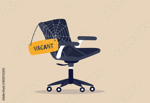 Labor shortage, worker needed not enough skill staff to fill in job vacancy, help wanted or employment demand concept, office chair with sign vacant covered by spider web metaphor of labor shortage.