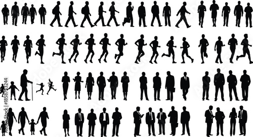 Large Silhouette Collection Featuring People Running Walking Business Professionals Senior Citizens Families and Diverse Human Figures for Various Lifestyle Concept Designs
