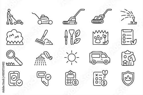 Landscaping Service Line Icons for Yard Maintenance, Property Management