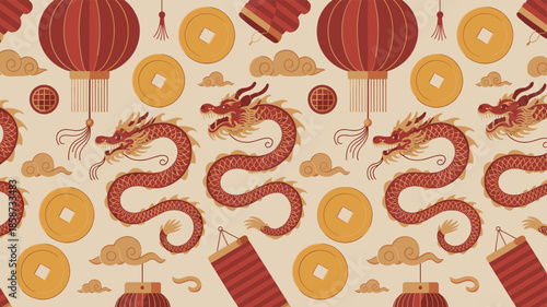 A pattern showcasing traditional Asian dragon and other elements.