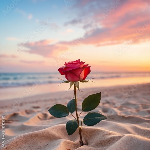 Vibrant red rose on a serene beach at sunset. A symbol of love, hope, and beauty, with tranquil ocean waves and a colorful sky in the background.