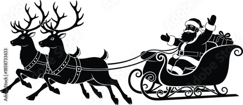 Santa Claus silhouette, Christmas sleigh ride, reindeer flying, festive holiday scene, winter celebration, black and white vector, seasonal joy