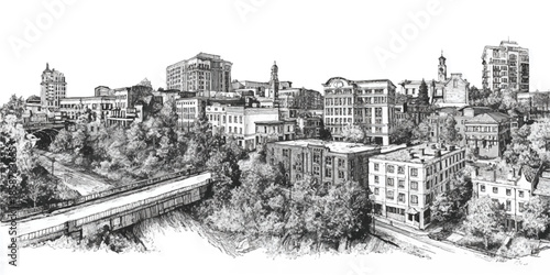 A detailed black and white sketch illustrating an urban scene featuring a bridge over a river, with buildings and trees in the background.
