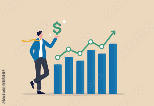 Sales person, marketing or investment professional, earning profit or sale commission money, growth planning or success financial advisor concept, confident businessman hold dollar with growth chart.