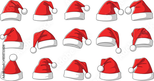 Christmas Santa Hat Collection: Set of Various Red and White Festive Caps in Different Poses for Holiday Design Graphics Vector